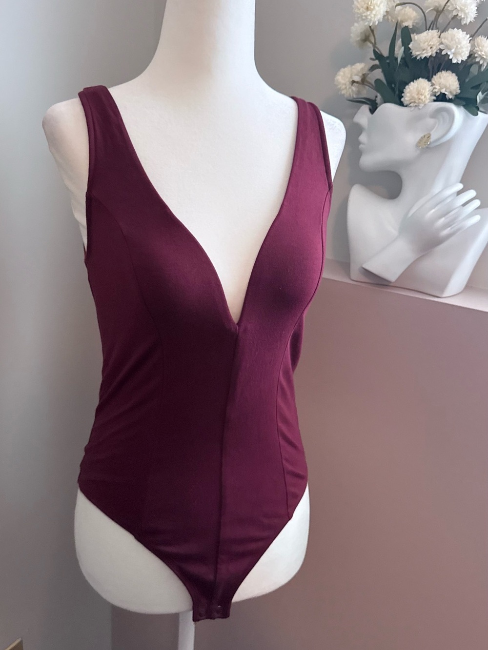 Express Small Women’s Deep Low V-Neck Wine Red Women's Bodysuit